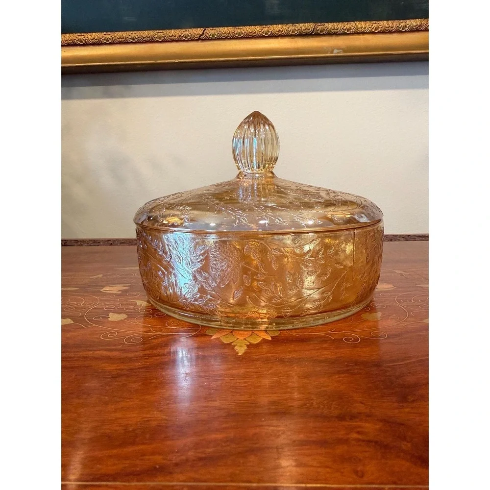 Vintage Jeannette Floragold Louisa Covered Dish, Marigold Carnival‎ Glass Bowl